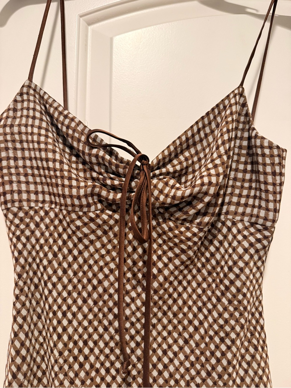 Brown Checkered Slip Dress with Spaghetti Straps - Picture 4 of 4